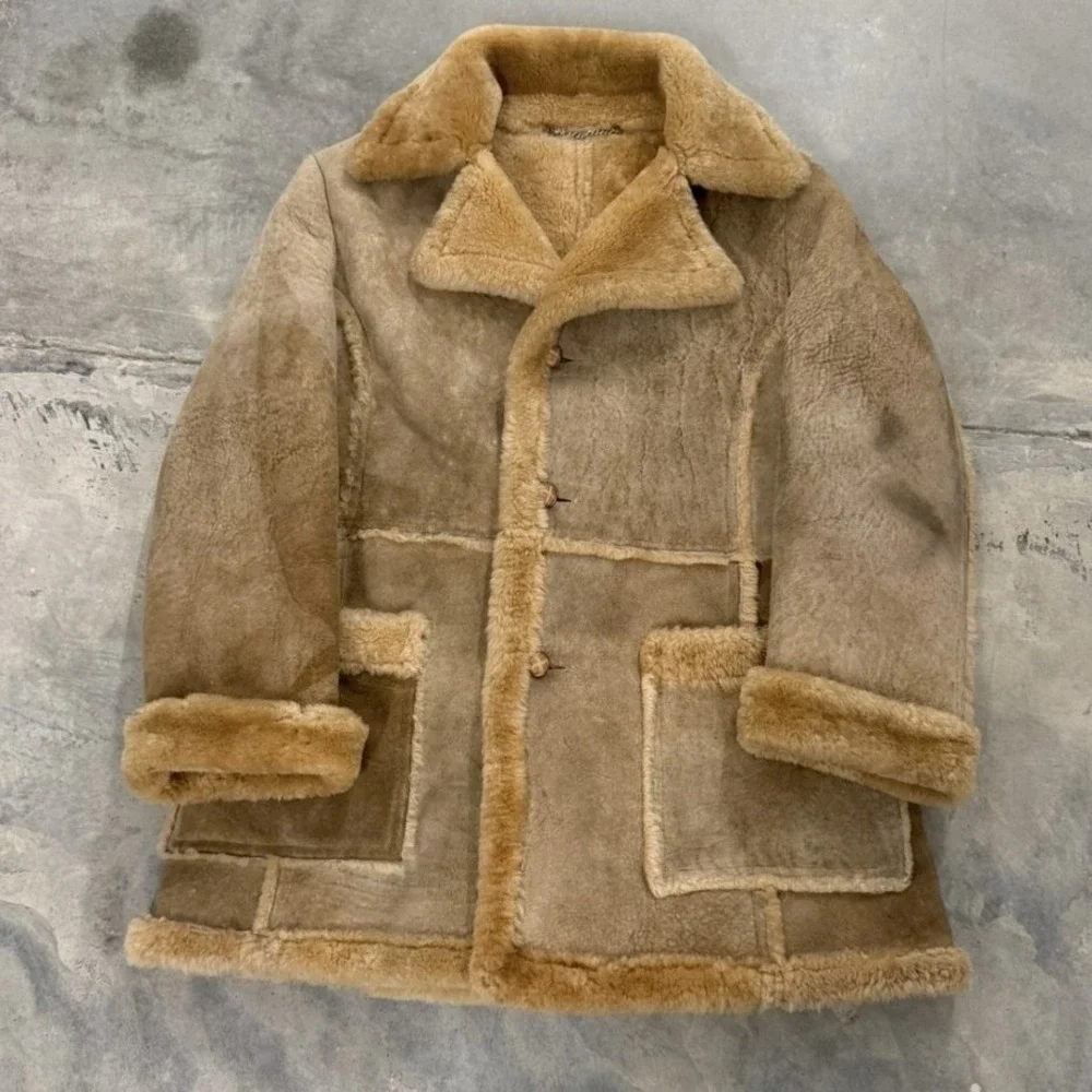 Vintage Lawrence Shearling Coat Mens 46 Tan Suede Sheepskin Jacket 70s Boho